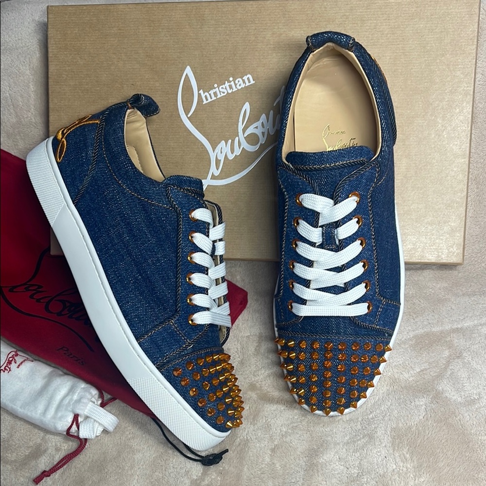 Christian Louboutin Denim Sneakers with Gold Spikes Fun Louis Junior Spikes Flat
